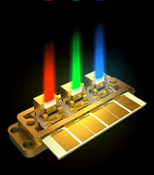 Laserarray eines Laser-TV, hier werden die RGB-Farben erzeugt, um anschließend über ein Mikrodisplay einen farbigen Lichtpunkt zu erzeugen