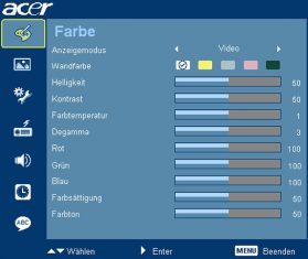 Acer P1303w Beamer Osd Farbe