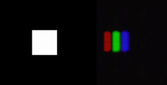 Pixel und reguläre Subpixel-Struktur im Vergleich: Ein Bildpunkt auf dem Monitor besteht in der Regel aus drei farbigen Stäbchen (Subpixeln), die dann wieder ein Quadrat bilden