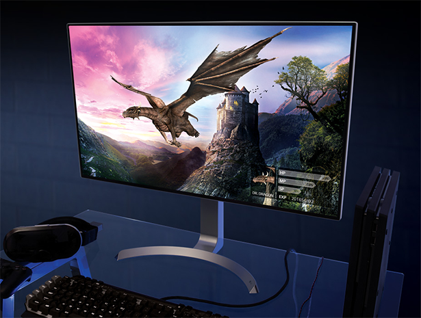 Darstellung LG 32UD99-W mit Motiv fliegender Drache