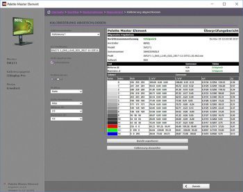 "Palette Master Element" Überprüfung der Kalibrierung (Screenshot PME)