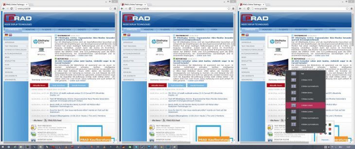Im Bild sind drei Browser nebeneinander geöffnet. Da man zusätzlich Tabs in den Browsern öffnen kann, ist das Arbeiten auf der Bildfläche von 2560 mal 1080 Pixeln bei einem Sitzabstand von 40 bis 70 Zentimeter sehr angenehm.