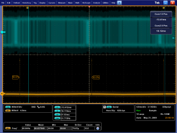 Messung: Der analoge V-Sync-Impuls hat eine Frequenz von (60,037048±0,000008) Hz