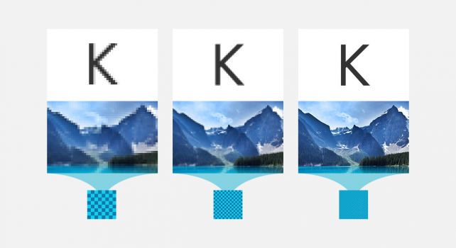 Grafik von links nach rechts: Verbesserung der Kantenschärfe durch höhere Auflösungen