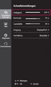 OSD: Schnelleinstellungen (Screenshot Handbuch LG)