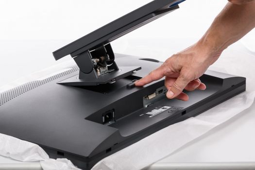 Einfaches Einklinken und Lösen des Standbeins am Display per Push-Button