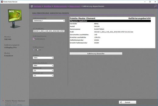 PME: Überprüfung nach Abschluss der Kalibrierung (Screenshot PME)