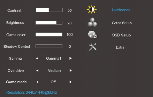 Kategorie „Leuchtkraft“ mit Einstelloptionen (Screenshot Handbuch AOC)
