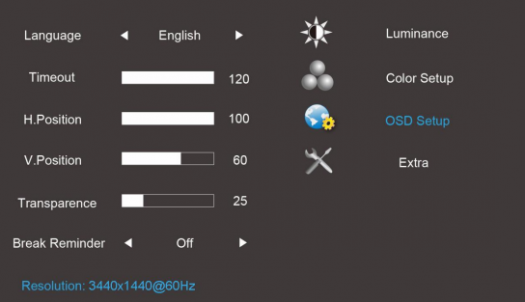 Kategorie „OSD-Setup“ mit Einstelloptionen (Screenshot Handbuch AOC)
