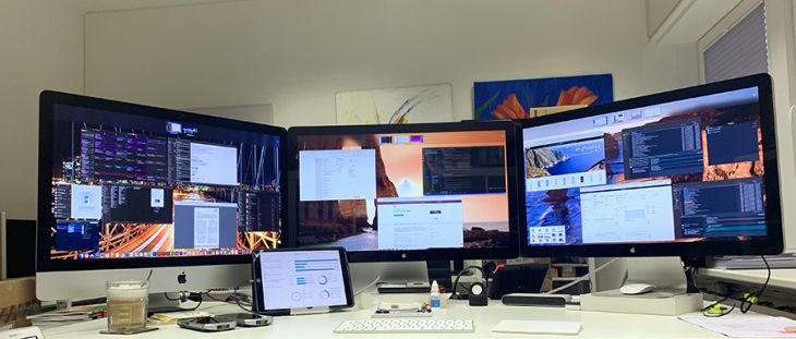 Das ist mein normales Office-Setup: ein 5K-iMac und zwei Thunderbolt-Displays
