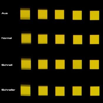 Noch einmal alle Overdrive-Stufen, diesmal mit gelben Quadraten. Der Unterschied ist ohne Fotos für mich kaum wahrnehmbar