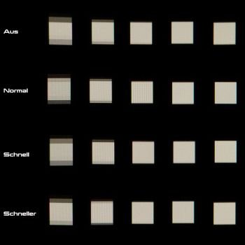 Hier sind die verschiedenen Overdrive-Stufen im Vergleich zu sehen. Die Quadrate sind abfotografiert und stammen aus der EIZO-Monitortest-Software. Jede Spalte steht für eine Geschwindigkeit, von rechts nach links aufsteigend