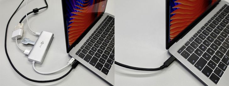 Vorher-nachher-Vergleich: Mühsames Adaptereinstecken und Kabelgefrickel gehören dank USB-C mit „Power Delivery“ der Vergangenheit an