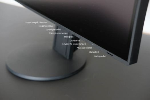 Helligkeitssensor, Funktionsknöpfe, LED-Licht, Lautsprecher integriert im unteren rechten Rahmenrand