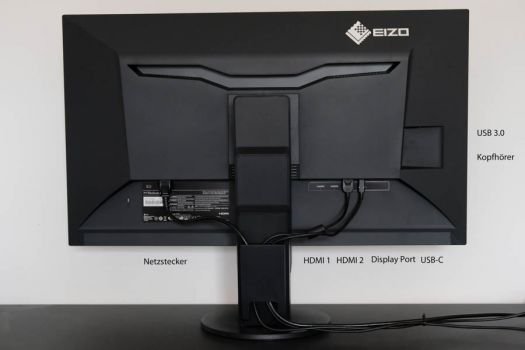 Rückseite des EIZO EV3285 und seine Anschlussmöglichkeiten