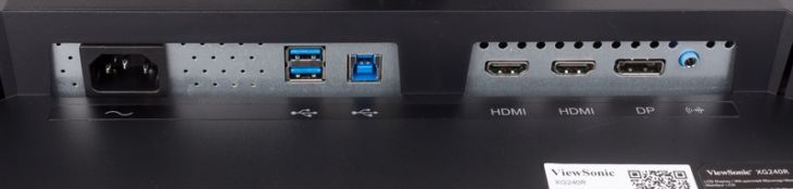 Anaschlüsse des XG240R: Strom, USB 3.0, HDMI1, HDMI2, DisplayPort und Audioausgang