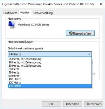 Wahl bei der Bildschirm-Aktualisierungsrate des ViewSonic XG240R