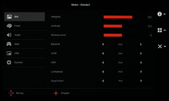 OSD: Bildeinstellungskategorie des Acer XV273K