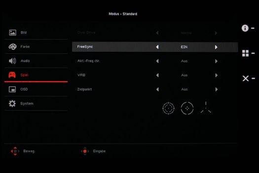 OSD: Spieleinstellungskategorie des Acer XV273K