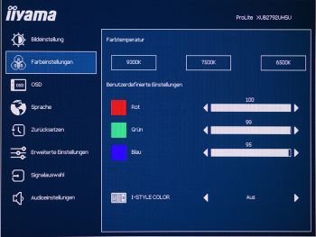 Menü für die Farbeinstellungen im OSD