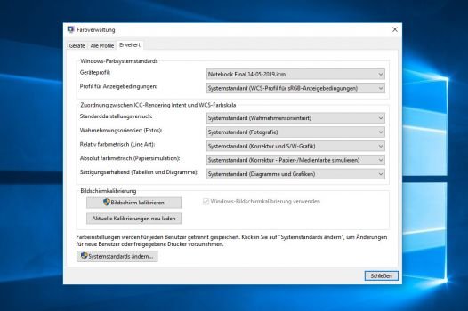 Farbverwaltung Notebook unter Windows 10