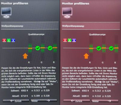 Grundwerteinstellung für Rot des AOC U3277PWQU wird nicht durch die Software erkannt (links Rot auf 50, rechts auf 100)