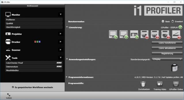 i1 Profiler – Start-Ansicht