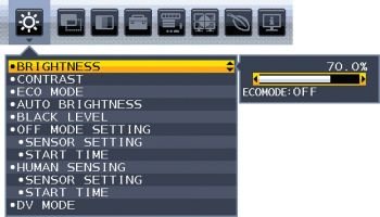 OSD: Helligkeit, Kontrast und Sensor (Screenshot Handbuch NEC)