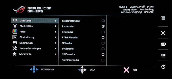 Hauptmenü des ASUS ROG Strix XG32VQR mit acht vordefinierten Bildmodi