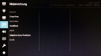 OSD: "Trace Free" (Pixelbeschleunigung) ist unter "Bildeinrichtung" zu finden