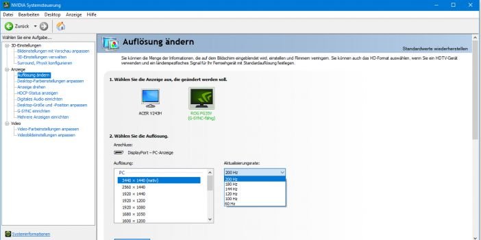 Unter NVIDIA-Grafikkarteneinstellungen die Auswahlmöglichkeiten bei der Aktivierung des 200-Hz-Modus