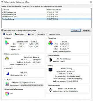 SpectraView II: Übersicht über frühere Kalibrierungen und Detail-Informationen (Screenshot aus der Software)