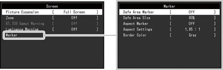 OSD: "Safe Area Marker" (Screenshot: EIZO-Handbuch)