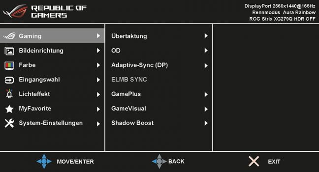 OSD-Hauptmenü des ASUS ROG Strix XG279Q