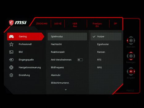 Modernes, übersichtliches und informatives OSD-Menü des MSI Optix MAG272CQR
