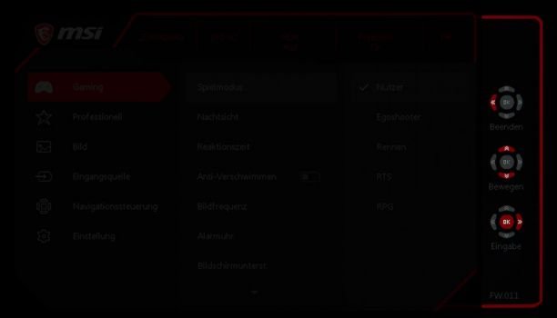 Piktogramme erklären die Navigation innerhalb des OSD-Hauptmenüs