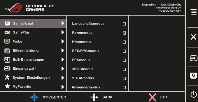 Übersichtliches Menü (OSD) des Monitors im bekannten Drei-Spalten-Layout