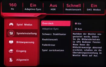OSD Overclocking: Aktiviert sind bis zu 160 Hz möglich