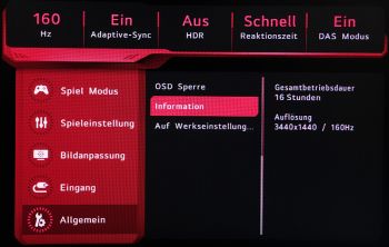 OSD: Informationen zur Betriebsdauer, Auflösung und Bildwiederholfrequenz