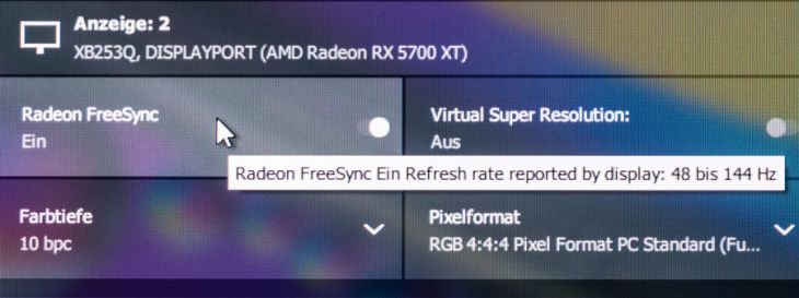 Adaptive Sync greift beim Acer Predator XB253QGP im Bereich von 48–144 Hz