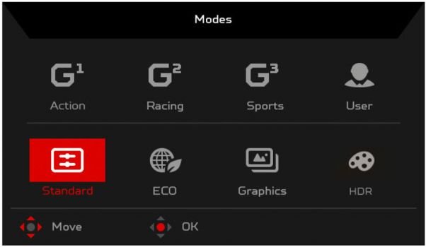 Vordefinierte Bildmodi des Acer Predator XB253QGP (Bild: Acer-Handbuch)