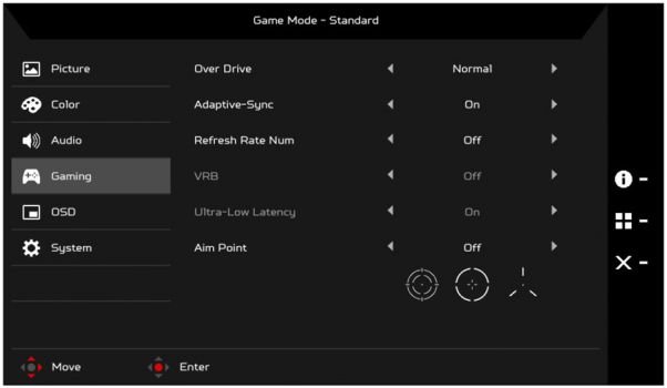Vordefinierte Bildmodi des Acer Predator XB253QGP (Bild: Acer-Handbuch)
