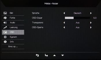 OSD: Menü mit Einstellungsmöglichkeiten für das OSD
