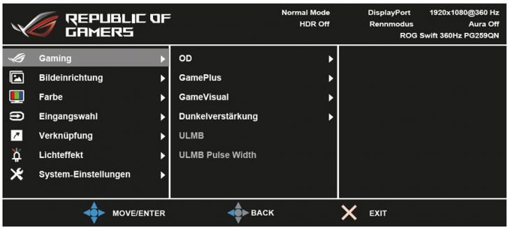 OSD: Übersichtliches Menü im bekannten Drei-Spalten-Layout
