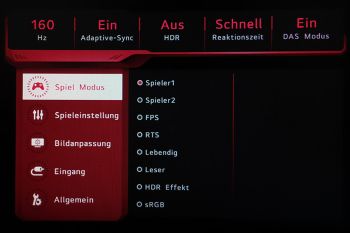 OSD "Spiel Modus": Diverse vordefinierte Bildmodi, viele speziell für Spieler