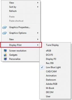 Display Pilot: Umschalten der Farbmodi über das Kontextmenü (Screenshot: BenQ-Handbuch)