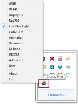 Display Pilot: Umschalten der Farbmodi über die Taskleiste (Screenshot: BenQ-Handbuch)