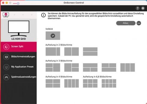Software OnScreen Control mit den Split-Screen-Funktion