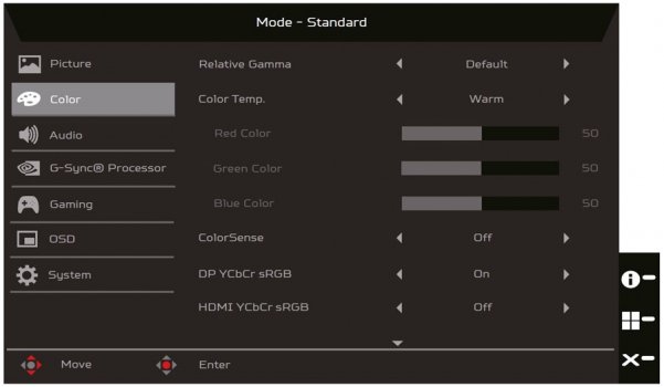 Farbeinstellungsmenü des Acer Predator X25 (Screenshot: Acer-Handbuch)