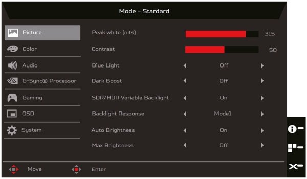 Hauptmenü des Acer Predator X25 (Screenshot: Acer-Handbuch)